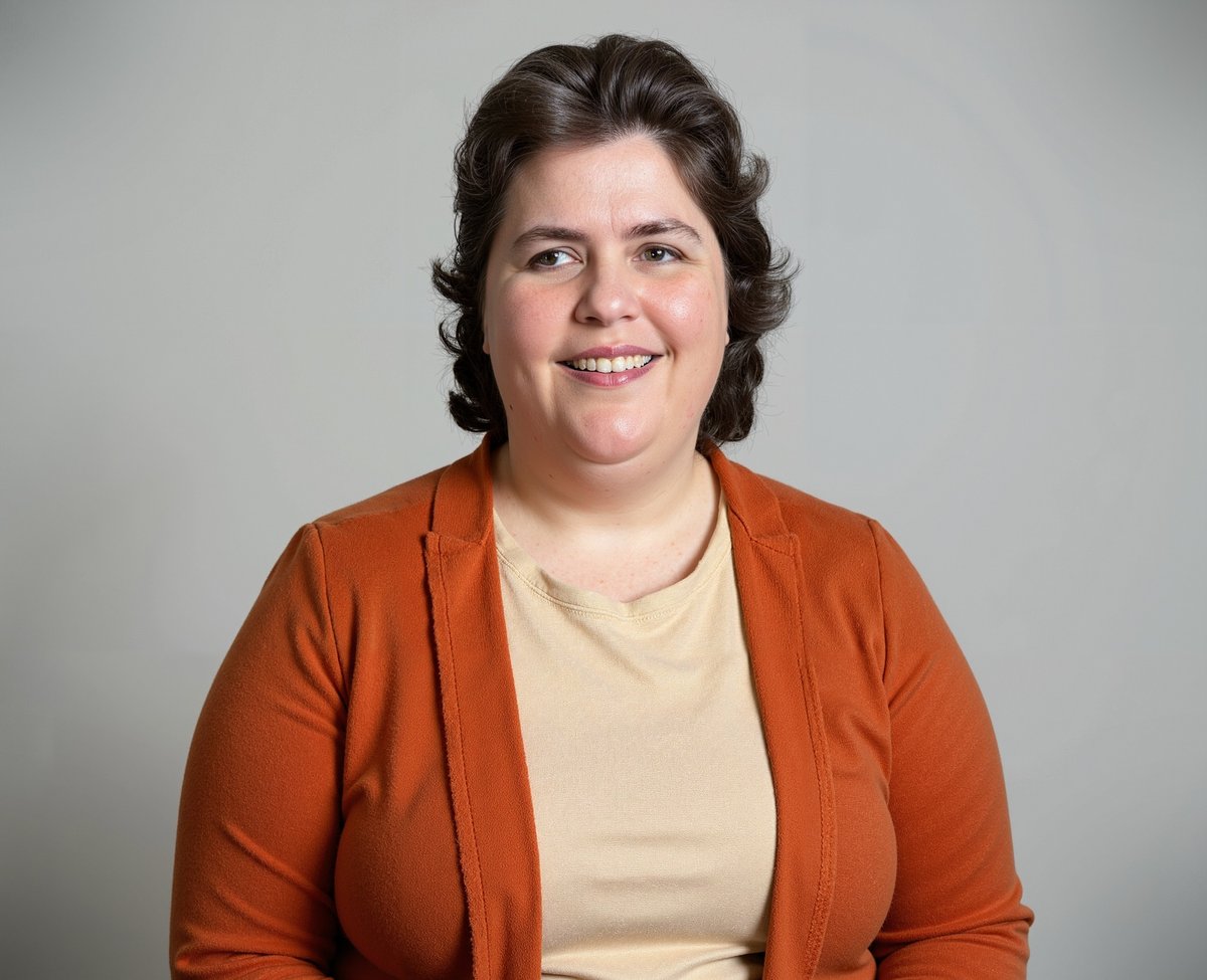 Headshot of Dr. Janice smiling in an orange cardigan against a neutral background.